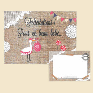 Carte message style ancien avec dentelle blanche "Félicitations ! Pour ce beau bébé" | LA SERRE fleuriste | Livraison fleurs à Nantes